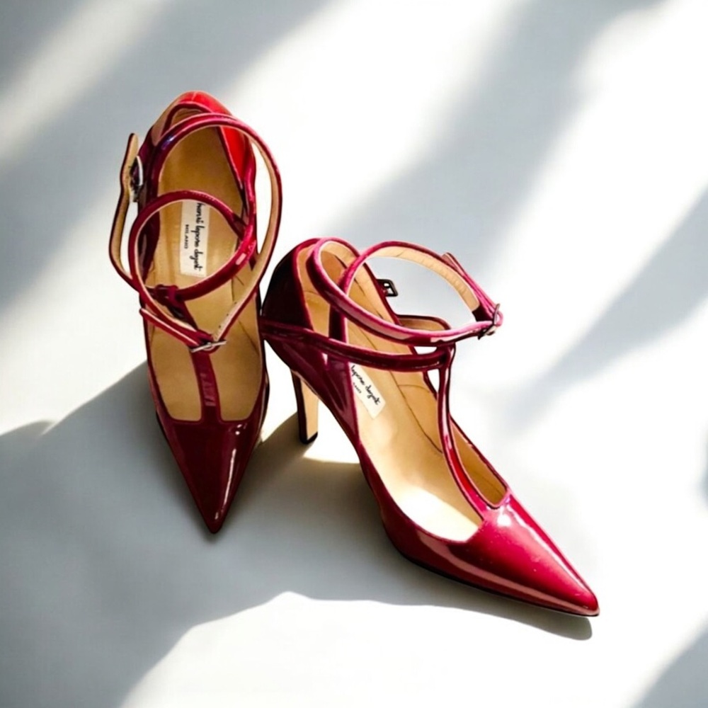 New! HENRI LEPORE DEZERT Carmela Burgundy Patent Crossback Heels  Shoes